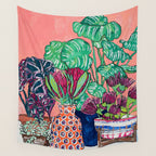 Cluster of Houseplants and Proteas on Pink Still Life Painting Wall Tapestry Gallery Image 4