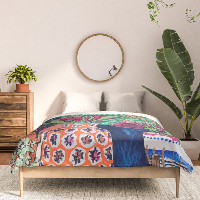 Cluster of Houseplants and Proteas on Pink Still Life Painting Comforter Gallery Image 3