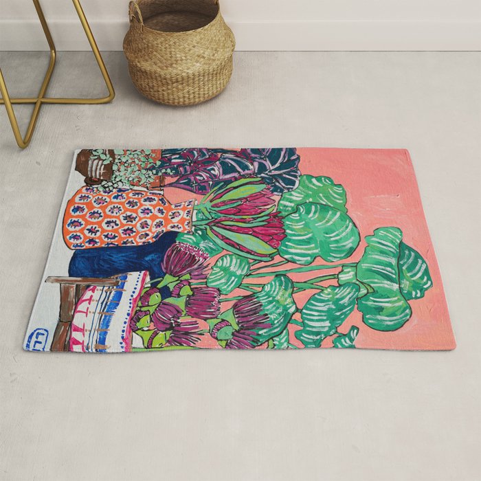 Cluster of Houseplants and Proteas on Pink Still Life Painting Rug Gallery Image 1