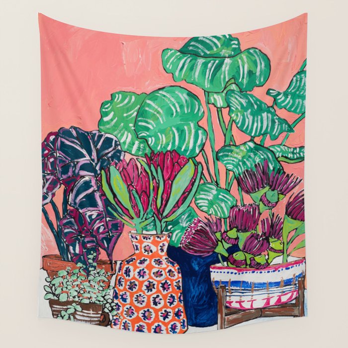 Cluster of Houseplants and Proteas on Pink Still Life Painting Wall Tapestry Gallery Image 1