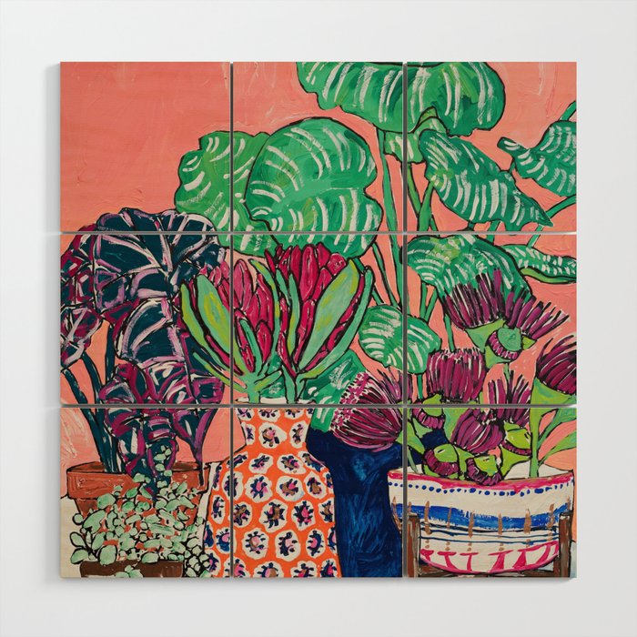 Cluster of Houseplants and Proteas on Pink Still Life Painting Wood Wall Art Gallery Image 1