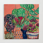 Cluster of Houseplants and Proteas on Pink Still Life Painting Wood Wall Art Gallery Image 1