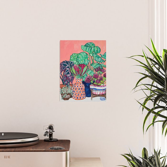 Cluster of Houseplants and Proteas on Pink Still Life Painting Poster Gallery Image 2