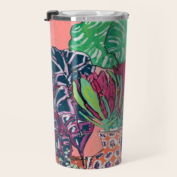 Cluster of Houseplants and Proteas on Pink Still Life Painting Travel Mug Gallery Image 3