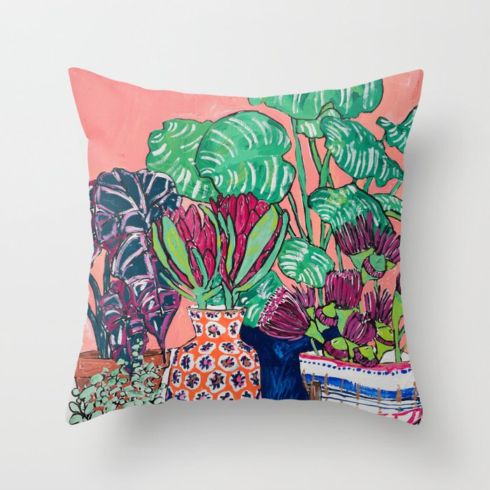 Cluster of Houseplants and Proteas on Pink Still Life Painting Throw Pillow Gallery Image 1