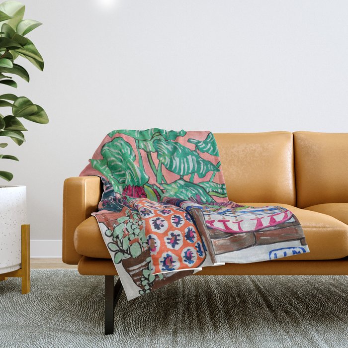 Cluster of Houseplants and Proteas on Pink Still Life Painting Throw Blanket Gallery Image 1