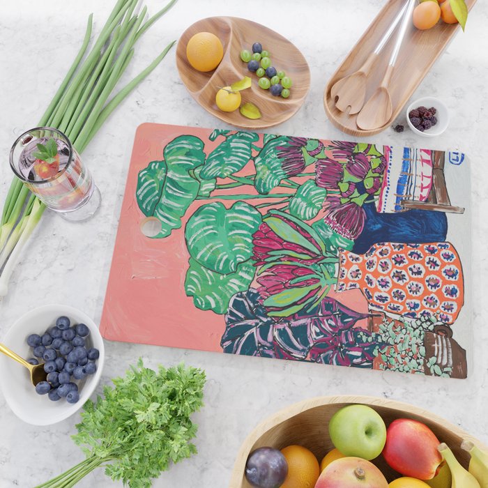 Cluster of Houseplants and Proteas on Pink Still Life Painting Cutting Board Gallery Image 2