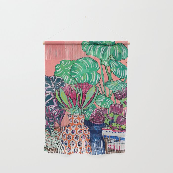 Cluster of Houseplants and Proteas on Pink Still Life Painting Wall Hanging Gallery Image 1
