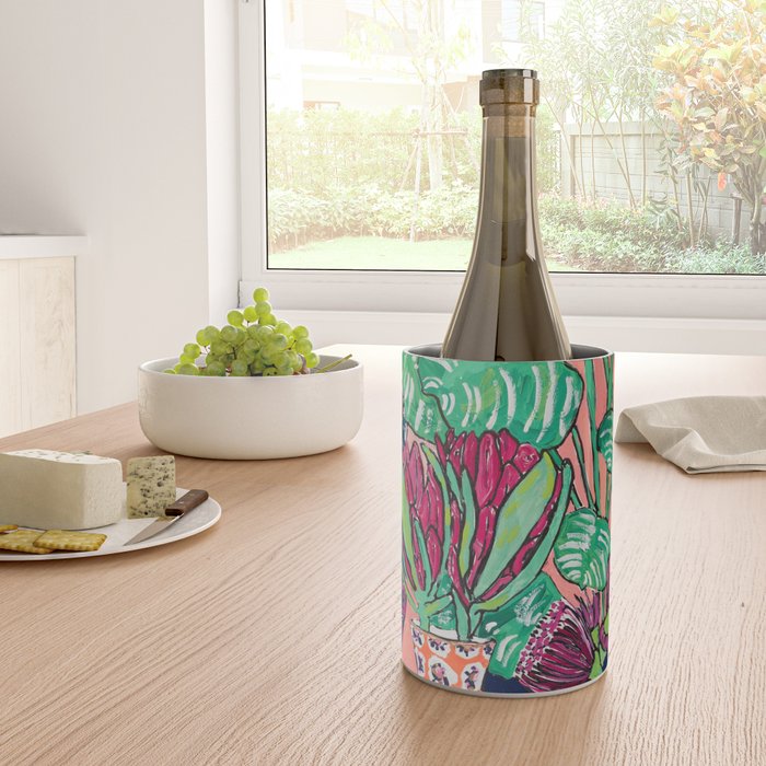 Cluster of Houseplants and Proteas on Pink Still Life Painting Wine Chiller Gallery Image 4