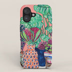 Cluster of Houseplants and Proteas on Pink Still Life Painting iPhone Case Gallery Image 1
