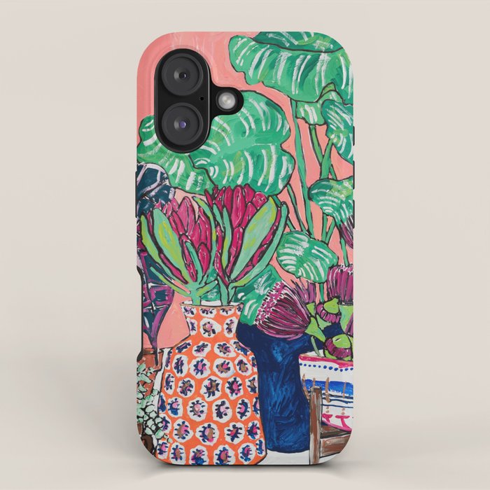 Cluster of Houseplants and Proteas on Pink Still Life Painting iPhone Case Gallery Image 1