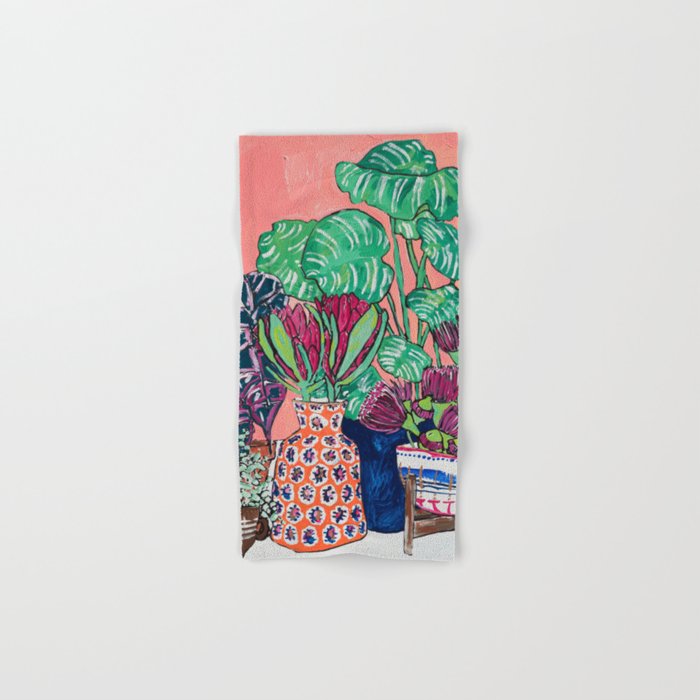 Cluster of Houseplants and Proteas on Pink Still Life Painting Bath Towel Gallery Image 1