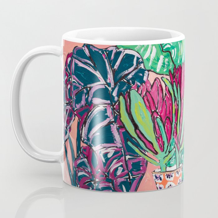 Cluster of Houseplants and Proteas on Pink Still Life Painting Coffee Mug Gallery Image 3