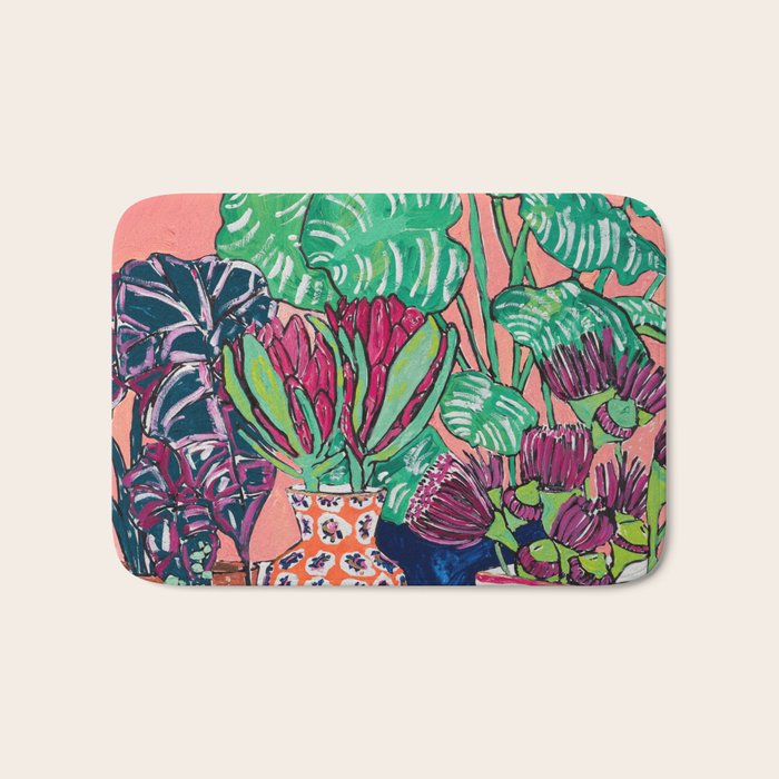 Cluster of Houseplants and Proteas on Pink Still Life Painting Bath Mat Gallery Image 1