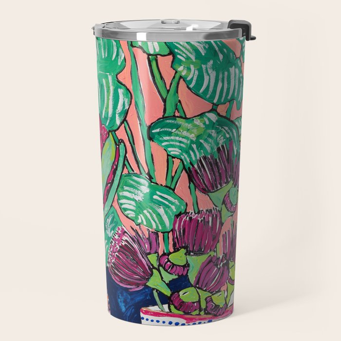 Cluster of Houseplants and Proteas on Pink Still Life Painting Travel Mug Gallery Image 2
