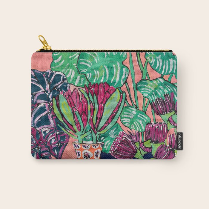 Cluster of Houseplants and Proteas on Pink Still Life Painting Carry All Pouch Gallery Image 1