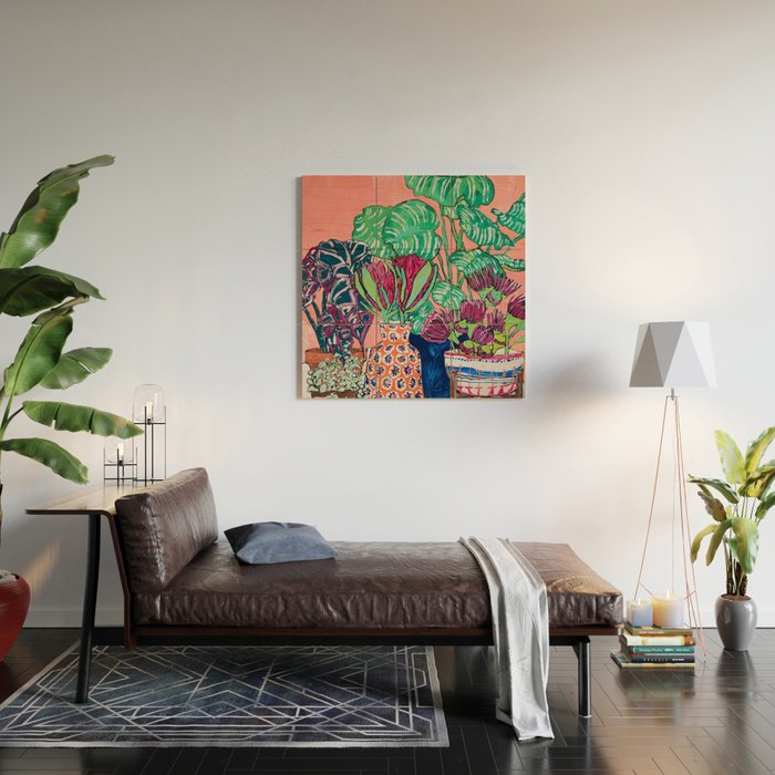 Cluster of Houseplants and Proteas on Pink Still Life Painting Wood Wall Art Gallery Image 2