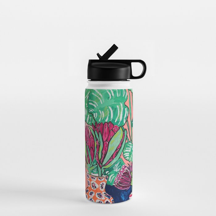Cluster of Houseplants and Proteas on Pink Still Life Painting Water Bottle Gallery Image 1