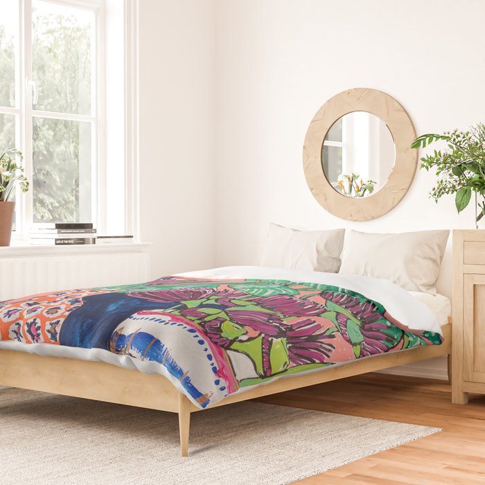 Cluster of Houseplants and Proteas on Pink Still Life Painting Duvet Cover Gallery Image 2