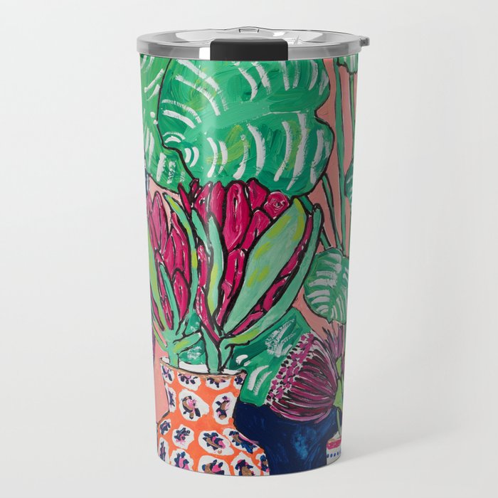 Cluster of Houseplants and Proteas on Pink Still Life Painting Travel Mug Gallery Image 1