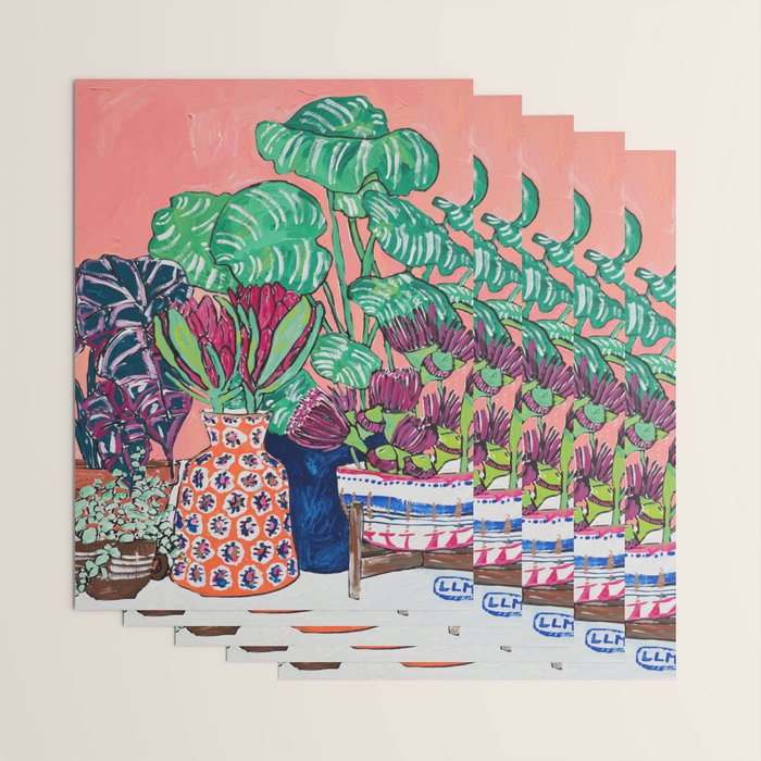 Cluster of Houseplants and Proteas on Pink Still Life Painting Wrapping Paper Gallery Image 3