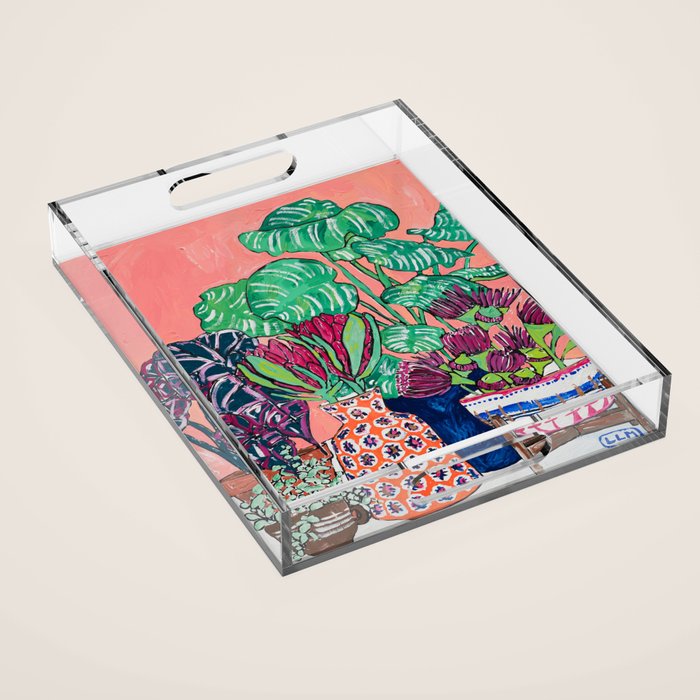 Cluster of Houseplants and Proteas on Pink Still Life Painting Acrylic Tray Gallery Image 1