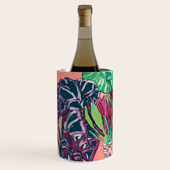 Cluster of Houseplants and Proteas on Pink Still Life Painting Wine Chiller Gallery Image 2
