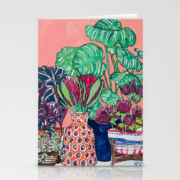 Cluster of Houseplants and Proteas on Pink Still Life Painting Stationery Card Gallery Image 1