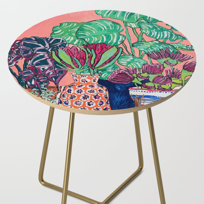 Cluster of Houseplants and Proteas on Pink Still Life Painting Side Table Gallery Image 2