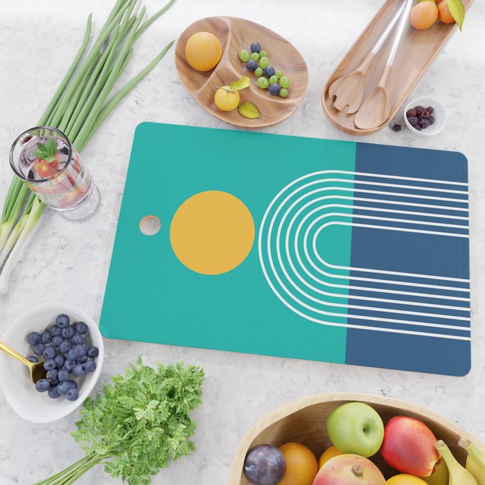 Geometric Lines in Blue Teal Yellow (Sun and Rainbow abstraction) Cutting Board Gallery Image 2
