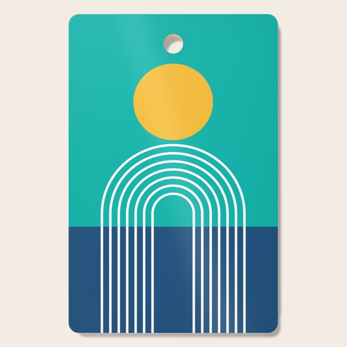 Geometric Lines in Blue Teal Yellow (Sun and Rainbow abstraction) Cutting Board Gallery Image 1