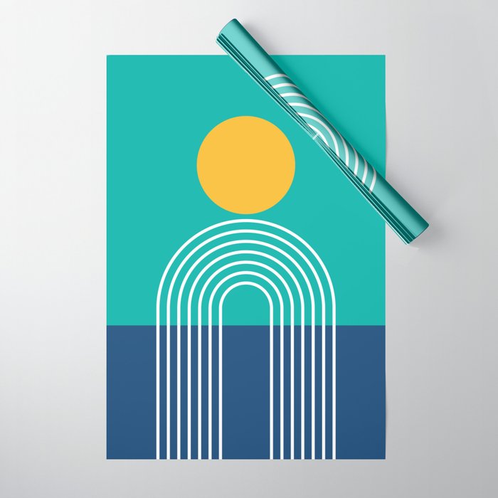 Geometric Lines in Blue Teal Yellow (Sun and Rainbow abstraction) Wrapping Paper Gallery Image 1