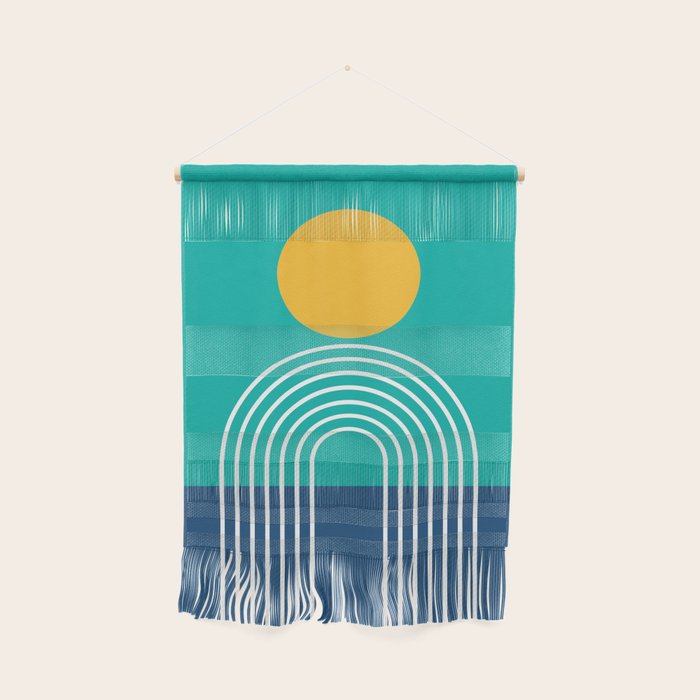 Geometric Lines in Blue Teal Yellow (Sun and Rainbow abstraction) Wall Hanging Gallery Image 1