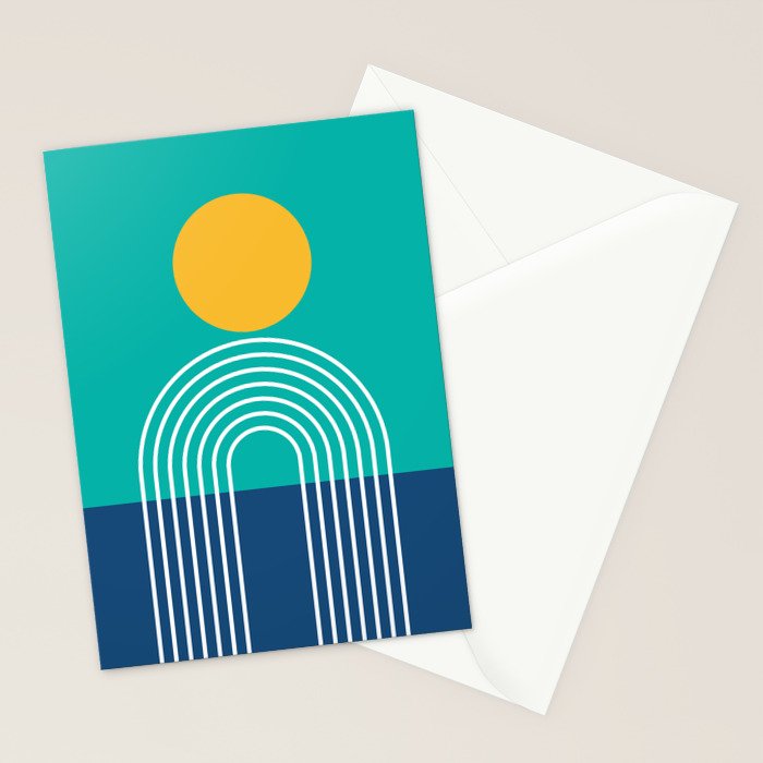 Geometric Lines in Blue Teal Yellow (Sun and Rainbow abstraction) Stationery Card Gallery Image 2