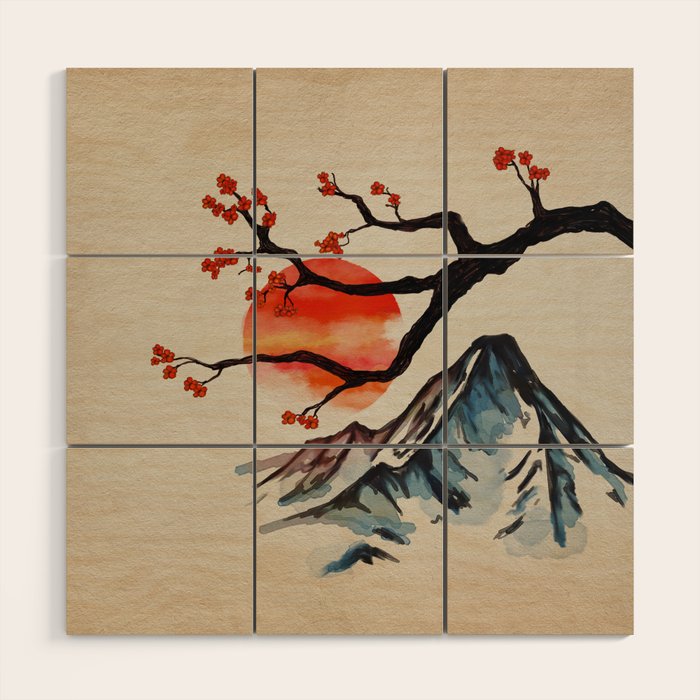 Zen Serenity Landscape - Sakura Mountain Sunset Wood Wall Art Gallery Image 1