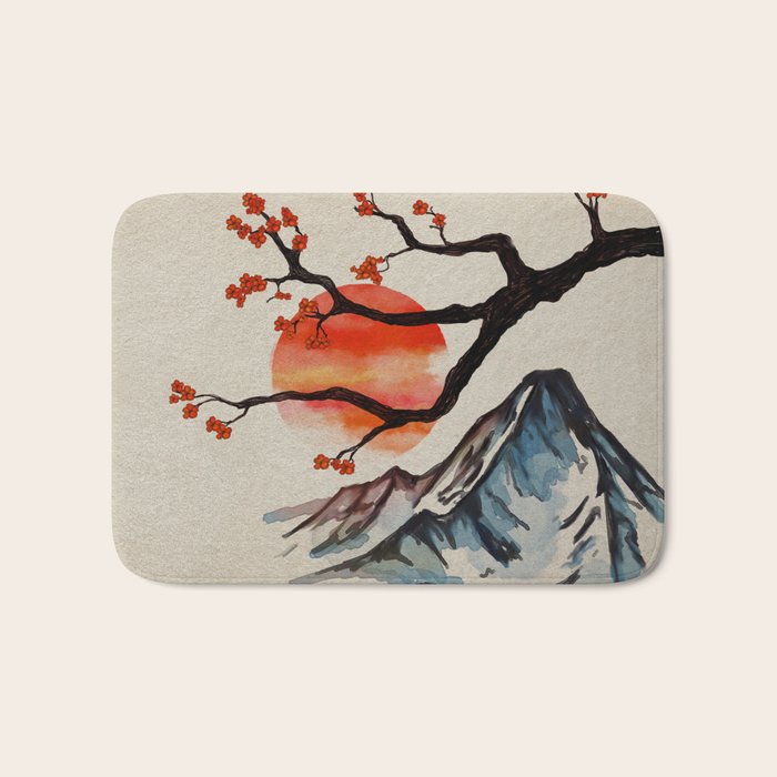 Zen Serenity Landscape - Sakura Mountain Sunset Bath Mat Gallery Image 1