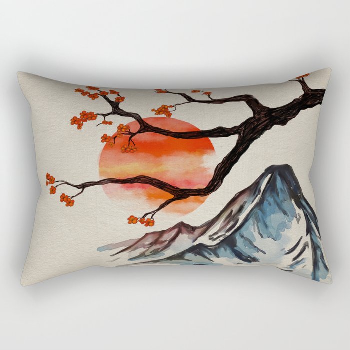 Zen Serenity Landscape - Sakura Mountain Sunset Rectangular Pillow Gallery Image 1