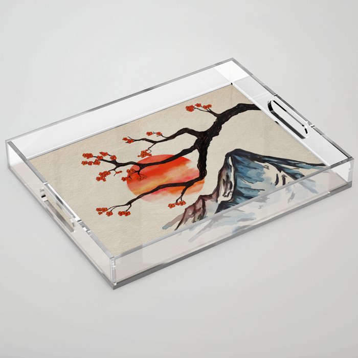Zen Serenity Landscape - Sakura Mountain Sunset Acrylic Tray Gallery Image 1