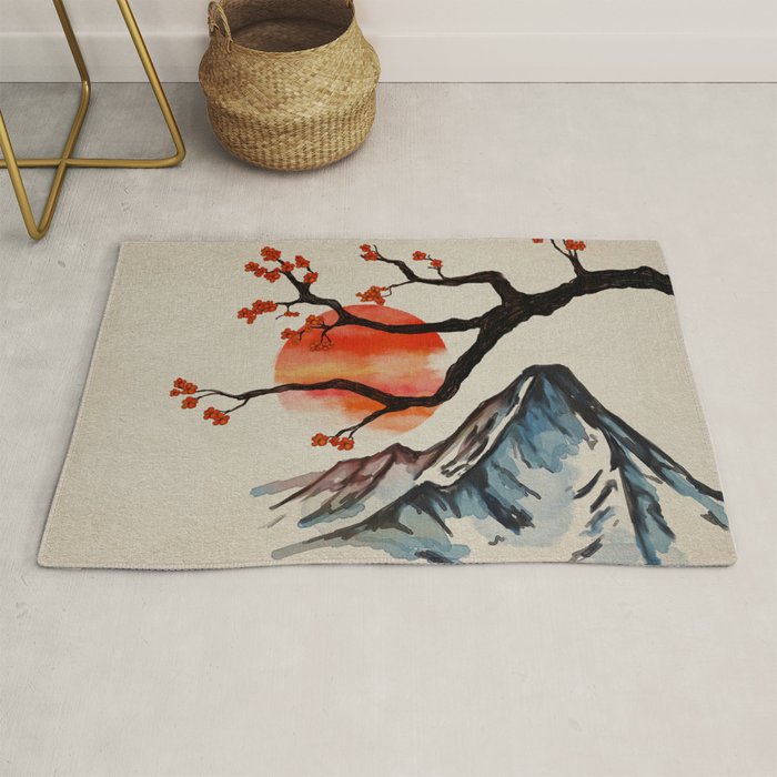 Zen Serenity Landscape - Sakura Mountain Sunset Rug Gallery Image 1