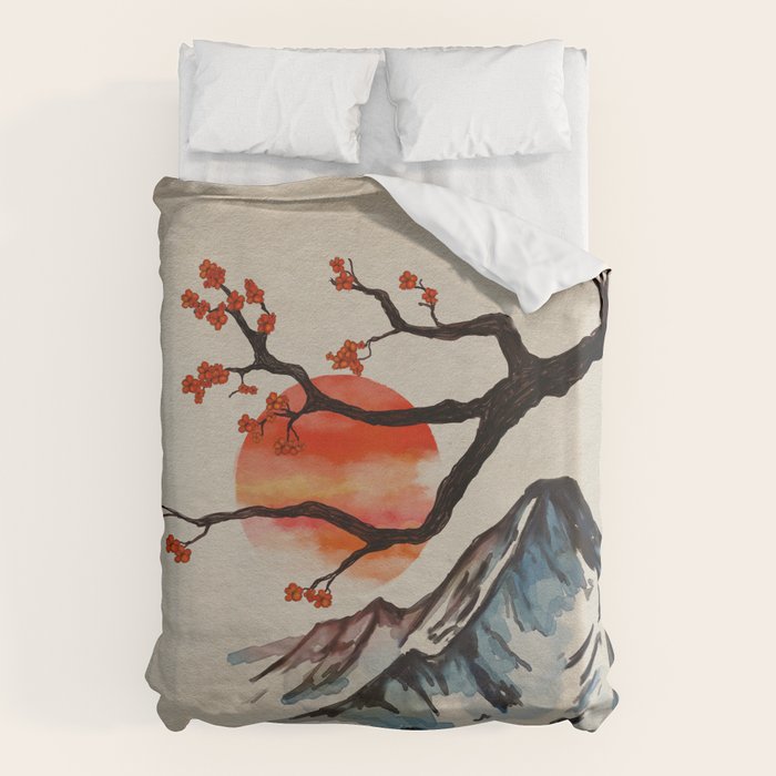 Zen Serenity Landscape - Sakura Mountain Sunset Duvet Cover Gallery Image 6