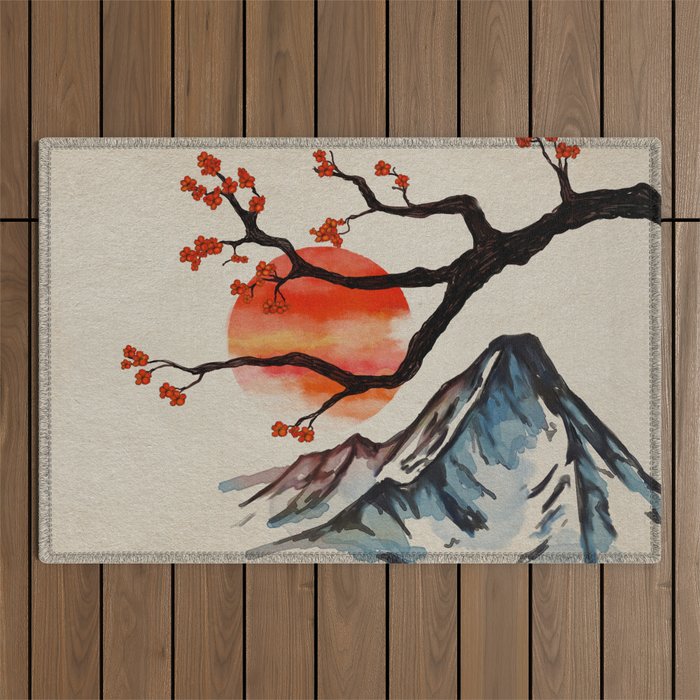 Zen Serenity Landscape - Sakura Mountain Sunset Outdoor Rug Gallery Image 1