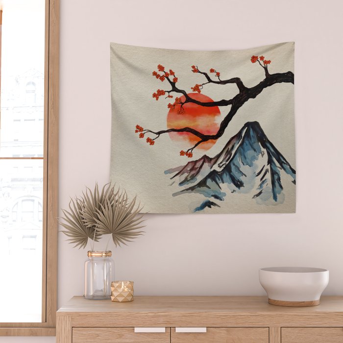 Zen Serenity Landscape - Sakura Mountain Sunset Wall Tapestry Gallery Image 2