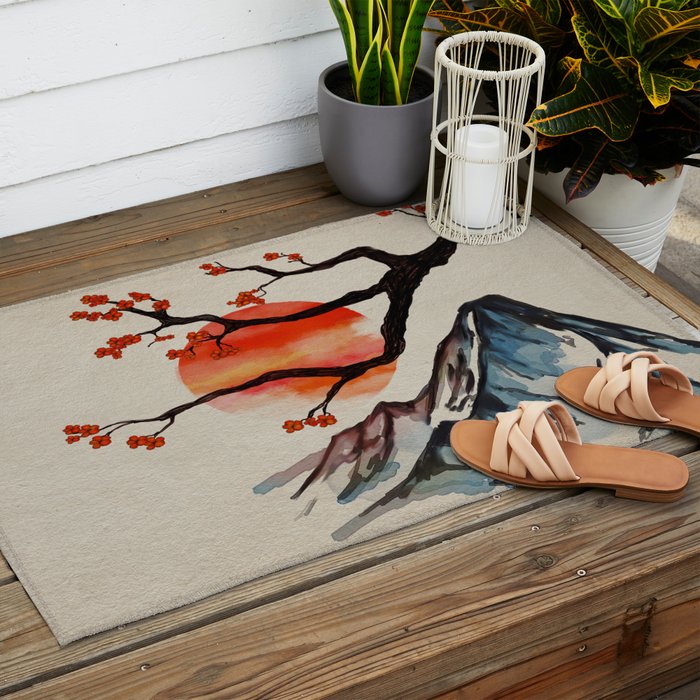 Zen Serenity Landscape - Sakura Mountain Sunset Outdoor Rug Gallery Image 2