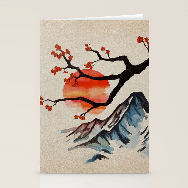 Zen Serenity Landscape - Sakura Mountain Sunset Stationery Card Gallery Image 2