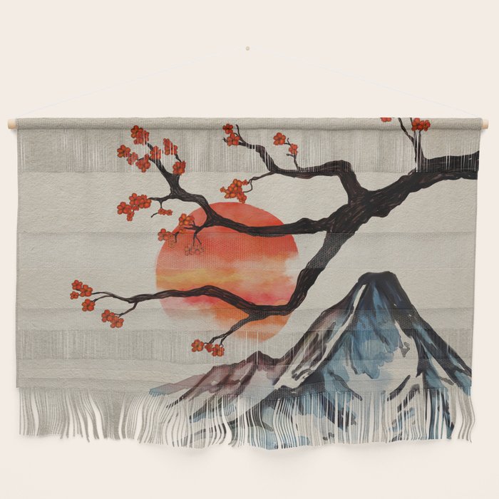 Zen Serenity Landscape - Sakura Mountain Sunset Wall Hanging Gallery Image 1