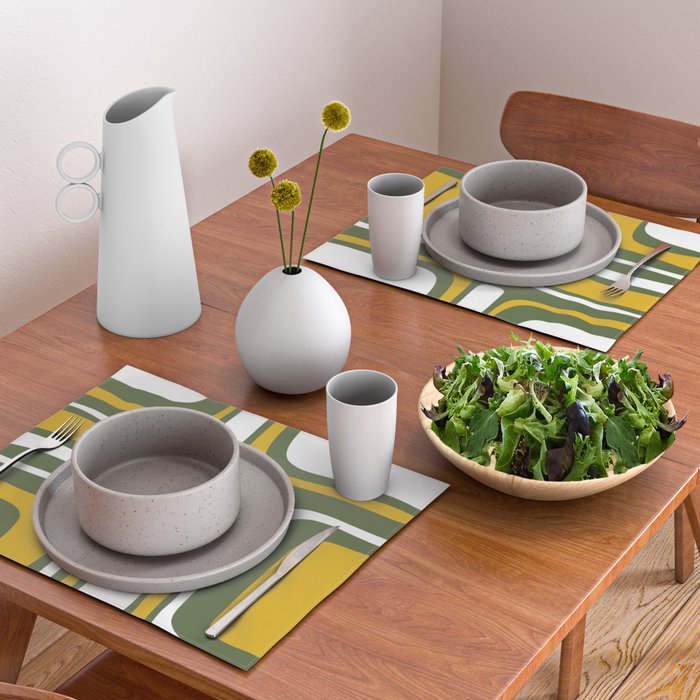 Mid-Century Modern Palm Springs Abstract Pattern Olive Green and Mustard Placemat Gallery Image 2
