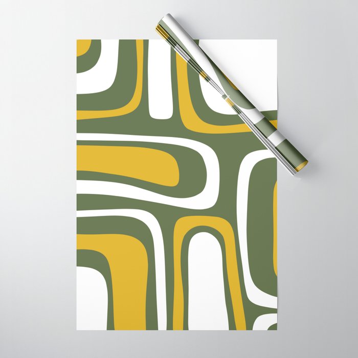 Mid-Century Modern Palm Springs Abstract Pattern Olive Green and Mustard Wrapping Paper Gallery Image 1
