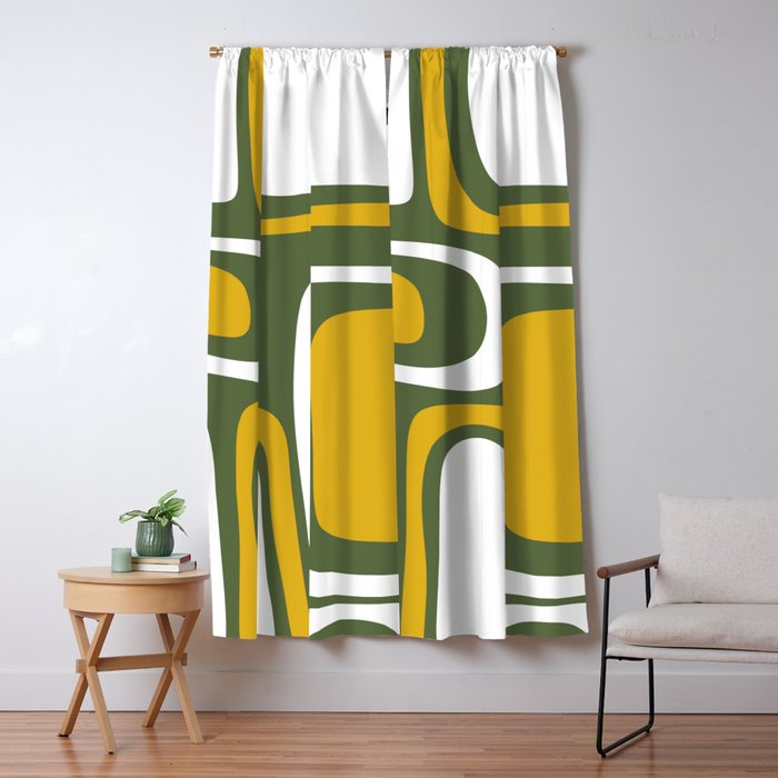 Mid-Century Modern Palm Springs Abstract Pattern Olive Green and Mustard Window Curtain Gallery Image 5