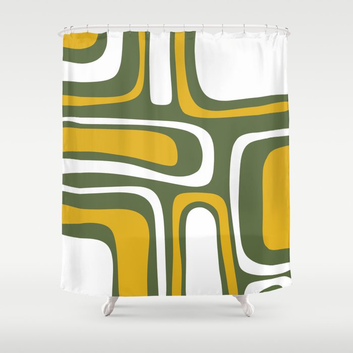 Mid-Century Modern Palm Springs Abstract Pattern Olive Green and Mustard Shower Curtain Gallery Image 1