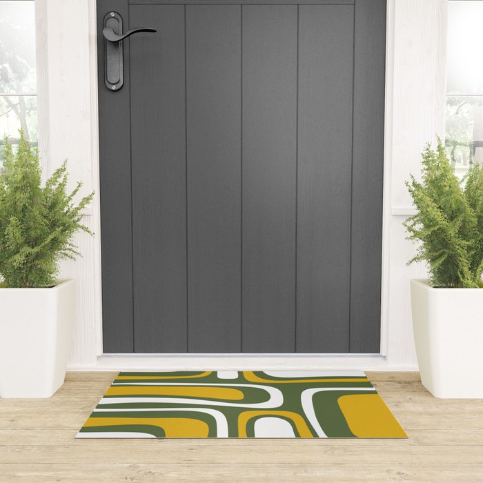 Mid-Century Modern Palm Springs Abstract Pattern Olive Green and Mustard Welcome Mat Gallery Image 3